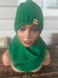 Emerald Hat and Hooded Cowl with Handwarmers