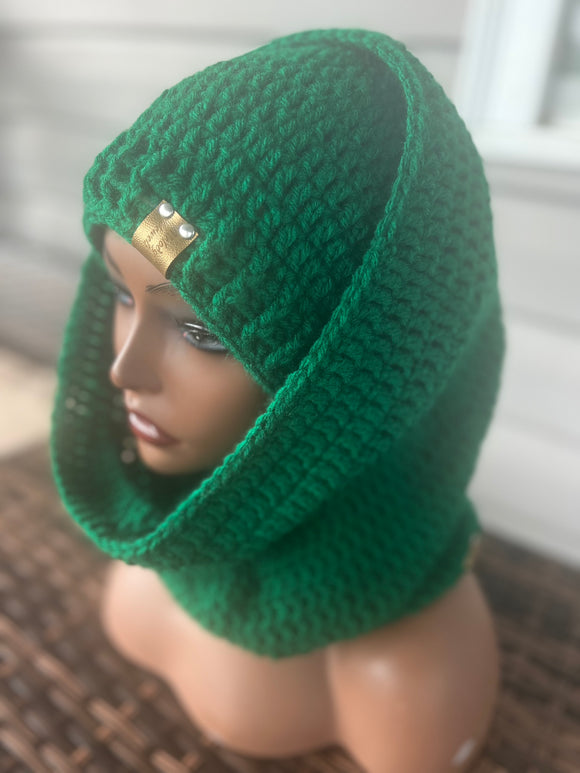 Emerald Hat and Hooded Cowl with Handwarmers