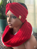Red and white ear warmer scarf set