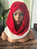 Red and white ear warmer scarf set