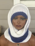 White and Blue Hooded cowl and hat