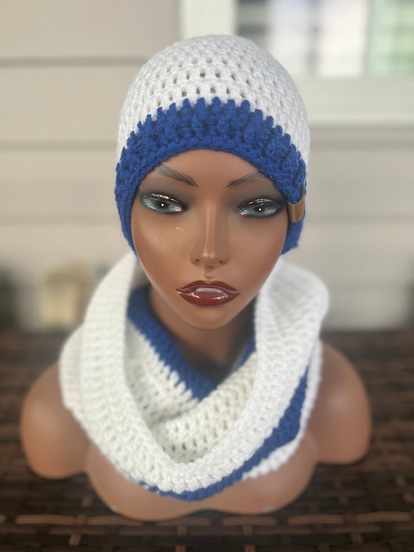 White and Blue Hooded cowl and hat