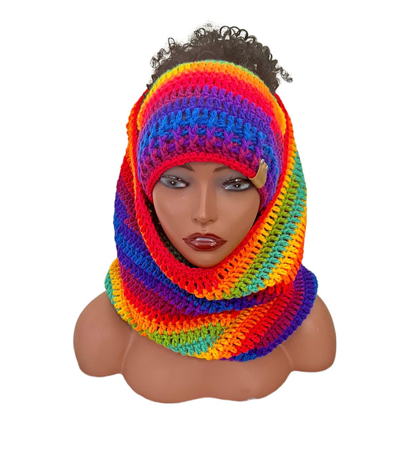 Rainbow Ponytail hat and hooded cowl