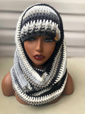 Black/white/gray Hooded cowl and hat