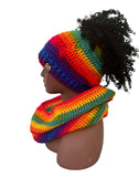Rainbow Ponytail hat and hooded cowl