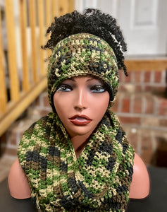 Camo hooded cowl with ponytail beanie