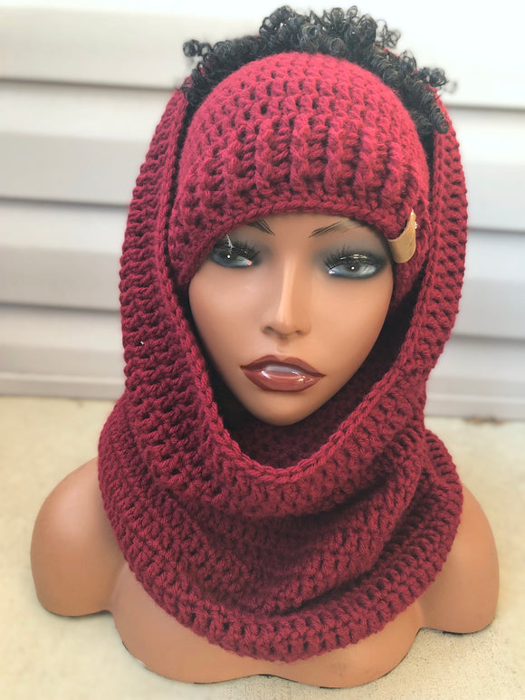 Wine Hooded cowl and ponytail hat