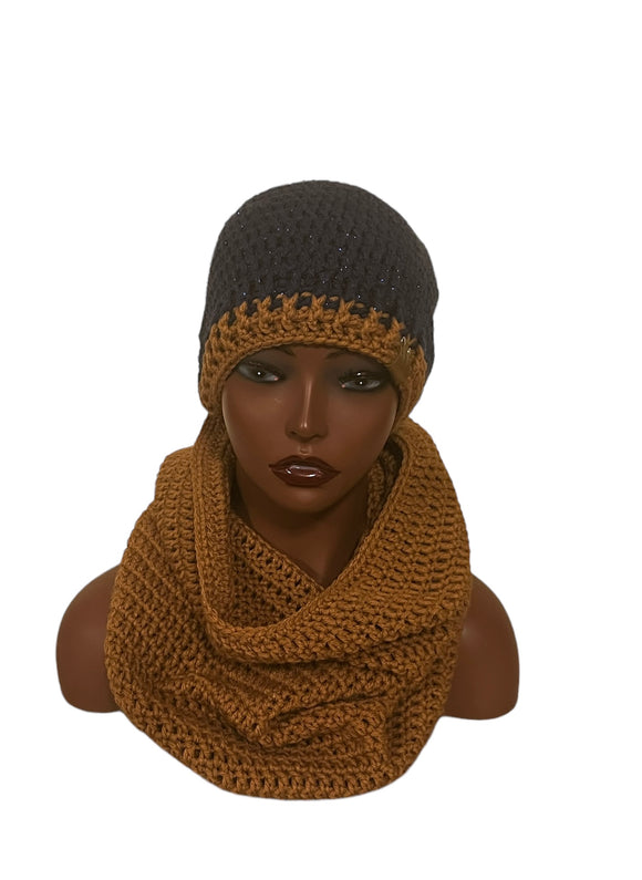 Navy blue sparkle/caramel Hooded cowl and hat