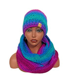 Pink/blue/purple Hooded cowl and hat