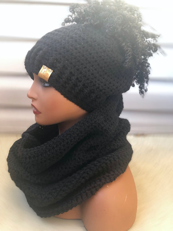 Black Ponytail beanie and hooded cowl