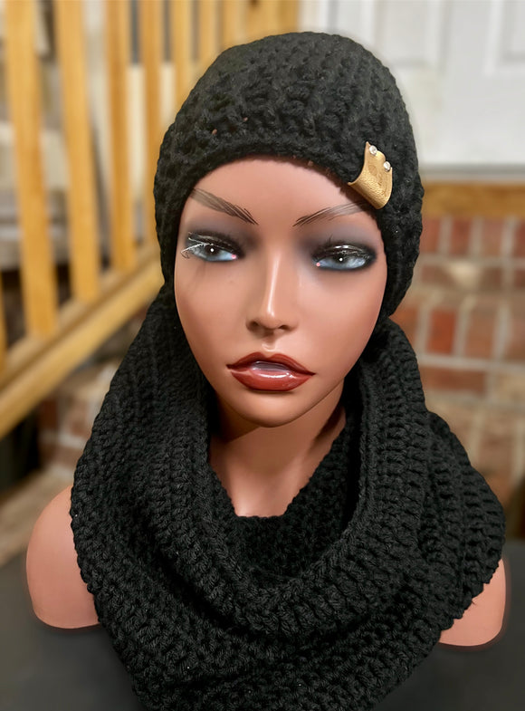 Black hooded cowl and hat set