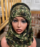 Camo hooded cowl with ponytail beanie