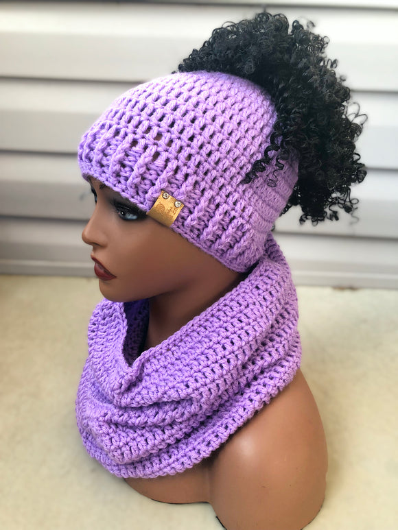 Lavender Ponytail hat and hooded cowl