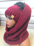 Wine Hooded cowl and ponytail hat
